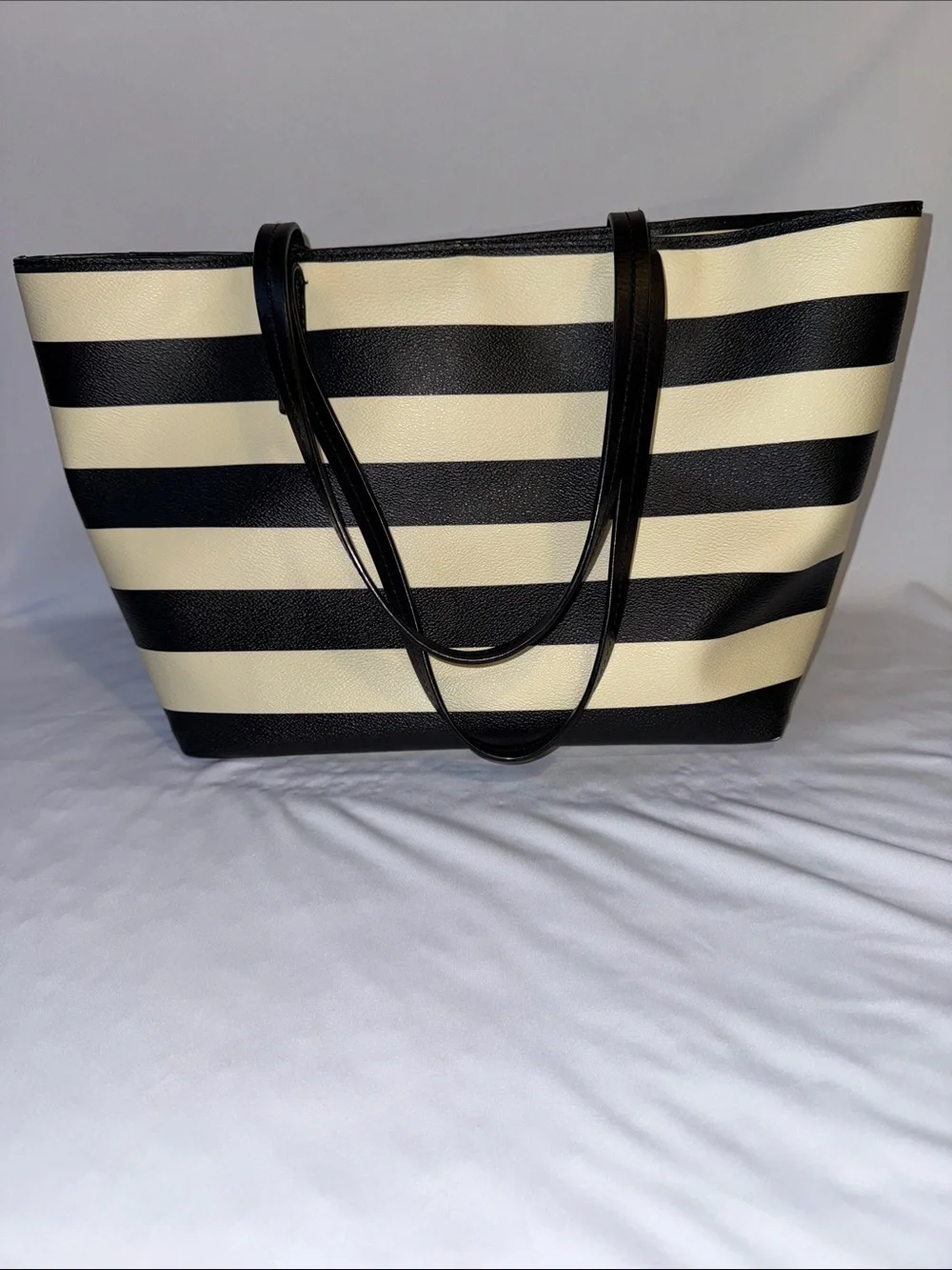 kate spade Black and White Striped Leather Tote with Bow Charm - Picture 3 of 8